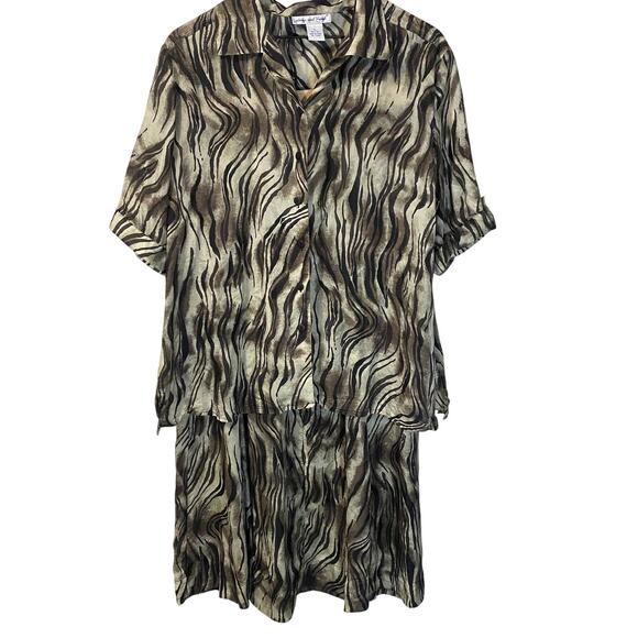 Anna and Frank 100% Silk Zebra Print Safari Blouse Skirt Set Black Beige Sz L-XL - Picture 1 of 16